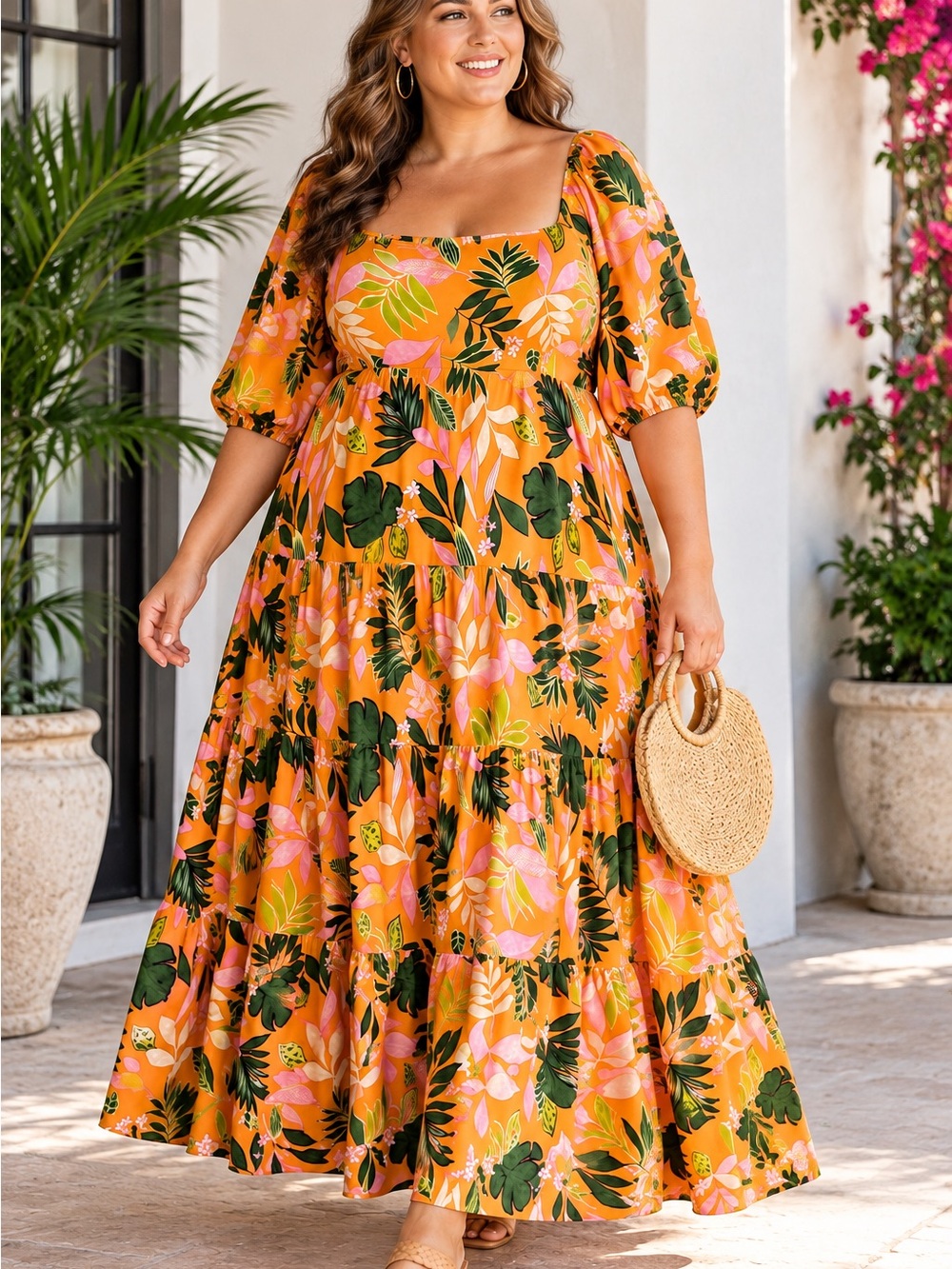 ELOQUII Size 22 Orange Tropical Floral Tiered Maxi Dress Puff Sleeve